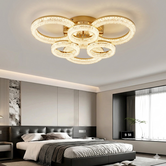 Lustra LED RFAN, Model K3536/3+3GD, Cu Telecomanda, 3 Tipuri De Lumina, Intensitate Reglabila, 200W, Auriu