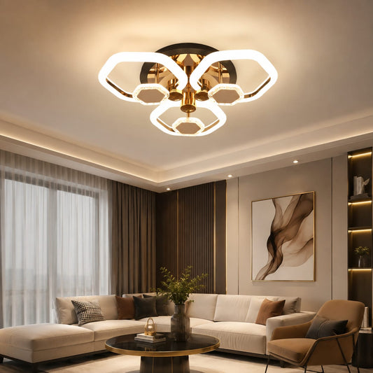 Lustra LED RFAN, Model 1008/3+3, Cu Telecomanda, 3 Tipuri De Lumina, Intensitate Reglabila, 90W, Negru/Auriu