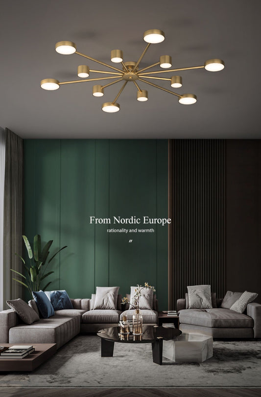 Lustra LED RFAN, Model R9029-12, cu Telecomanda, 3 Tipuri de Lumina, Intensitate Reglabila, 88W, Auriu