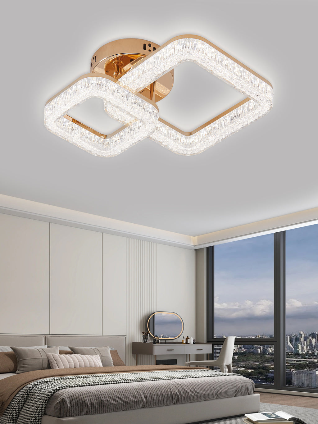 Lustra LED RFAN, Model K3535/1+1GD, Cu Telecomanda, 3 Tipuri De Lumina, Intensitate Reglabila, 80W, Auriu
