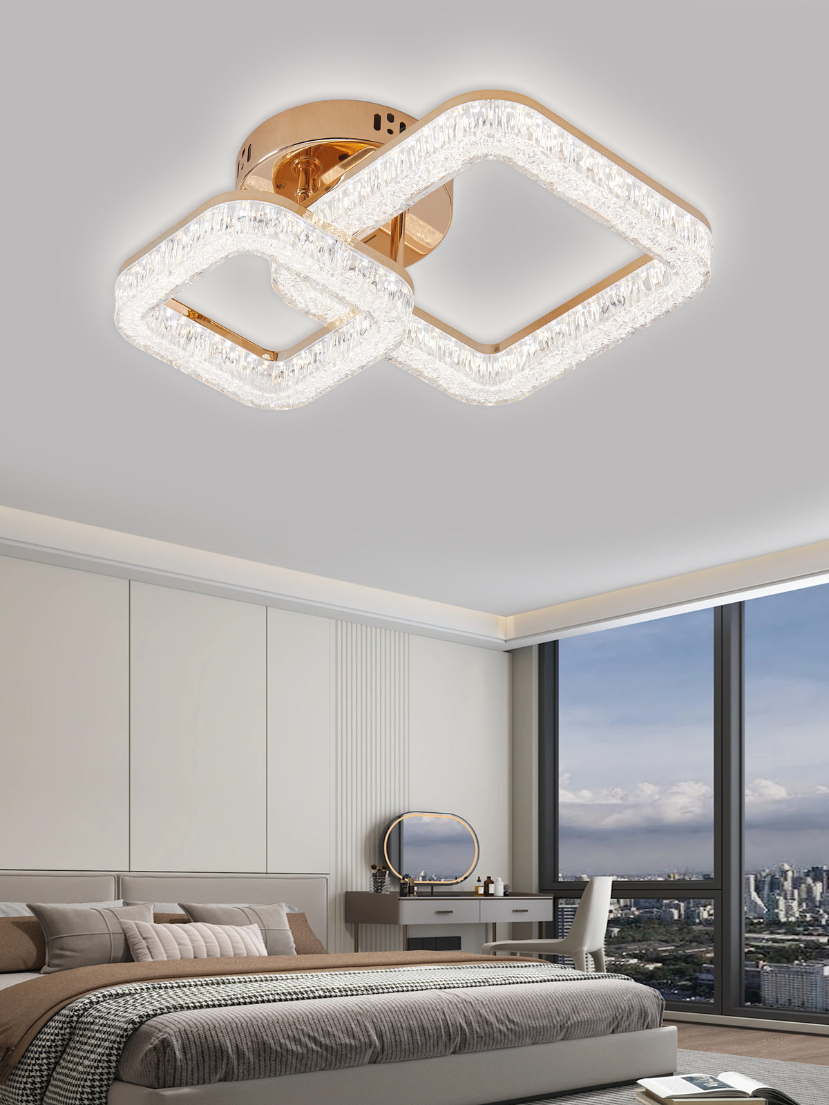 Lustra LED RFAN, Model K3535/1+1GD, Cu Telecomanda, 3 Tipuri De Lumina, Intensitate Reglabila, 80W, Auriu