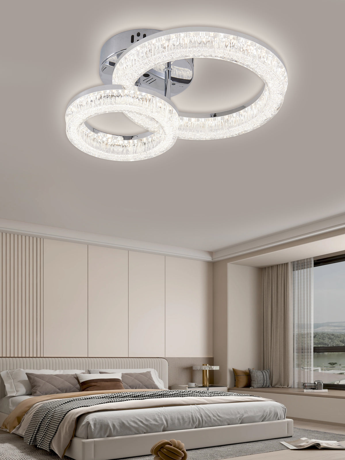 Lustra LED RFAN, Model K3536/1+1CH, Cu Telecomanda, 3 Tipuri De Lumina, Intensitate Reglabila, 80W, Argintiu
