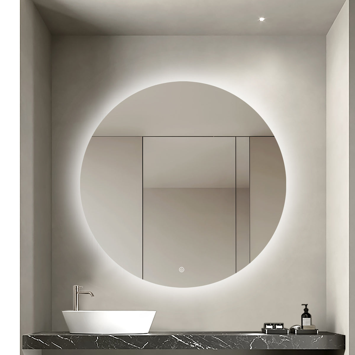 Oglinda LED Rotunda Premium 70×70 cm, Lumina Spate, 3 Tipuri de Lumina – Calda, Rece, Neutra