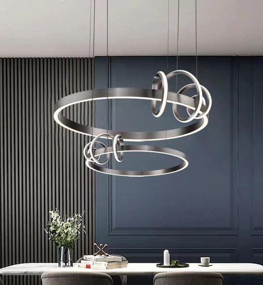 Lustra LED Tip Pendul RFAN, Model R9147/600+400, Cu Telecomanda, 3 Tipuri De Lumina, Inaltime Reglabila, 128W, Gri