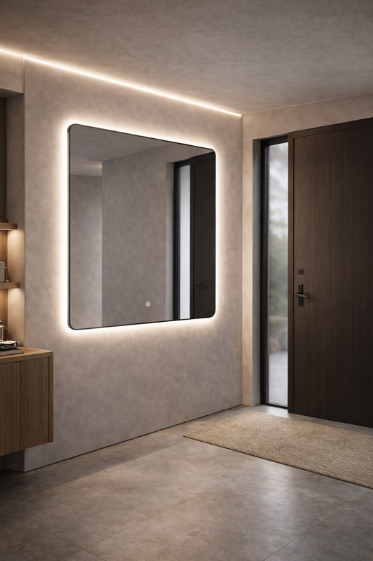 Oglinda LED Patrata Premium 80×80 cm, Rama Neagra, 3 Tipuri de Lumina – Calda, Rece, Neutra