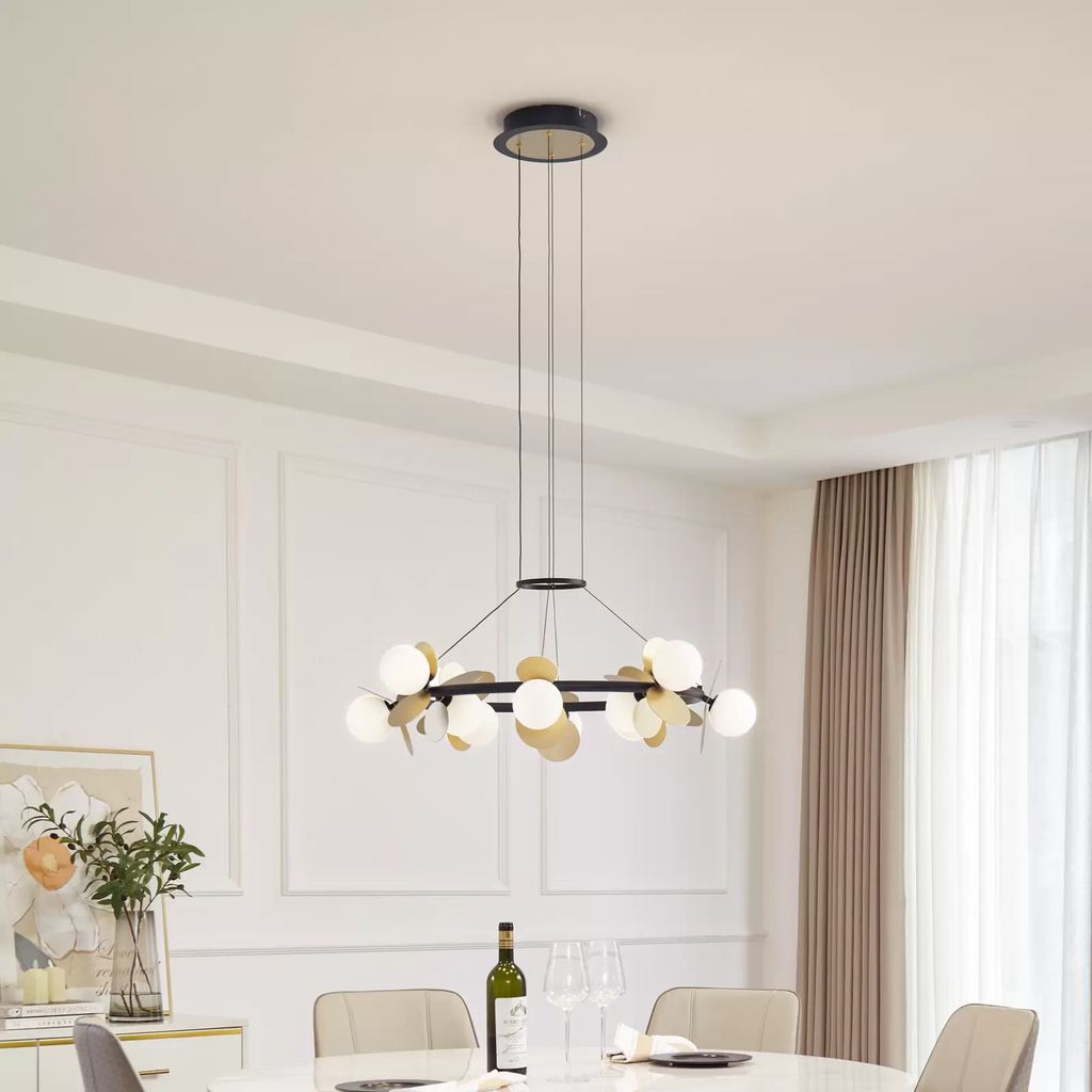 Pendul RFAN, Model 602-12, Cu 12 Abajururi, 12 x G9, Inaltime Reglabila, Auriu/Negru