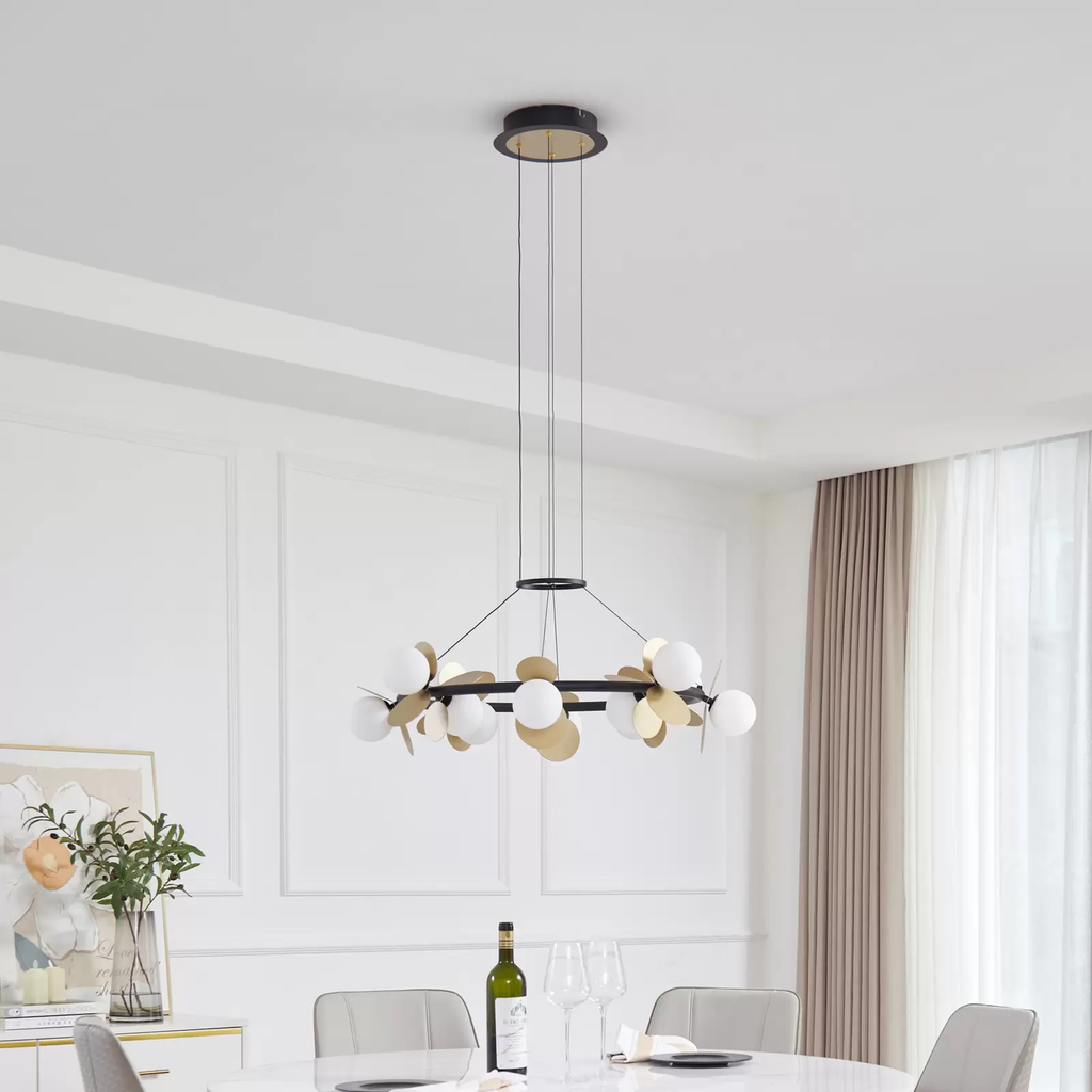 Pendul RFAN, Model 602-12, Cu 12 Abajururi, 12 x G9, Inaltime Reglabila, Auriu/Negru
