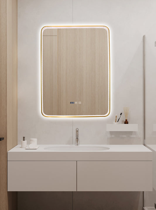 Oglinda LED Si Touch, Model 1068-G, Cu Functie Dezaburire Si Ceas, Rama Auriu-Bronz, 60 X 80 Cm, Smack