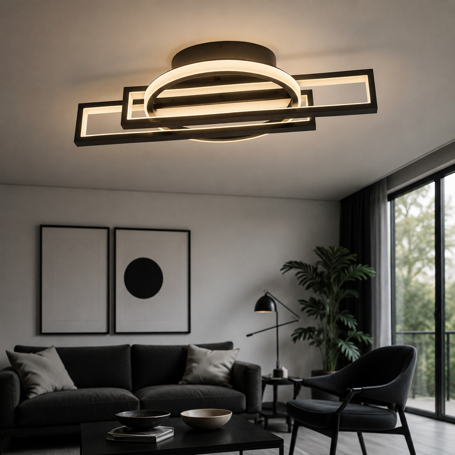 Lustra LED RFAN, Model R9167/2+1, cu Telecomanda, 3 Tipuri de Lumina, Intensitate Reglabila, 116W, Negru