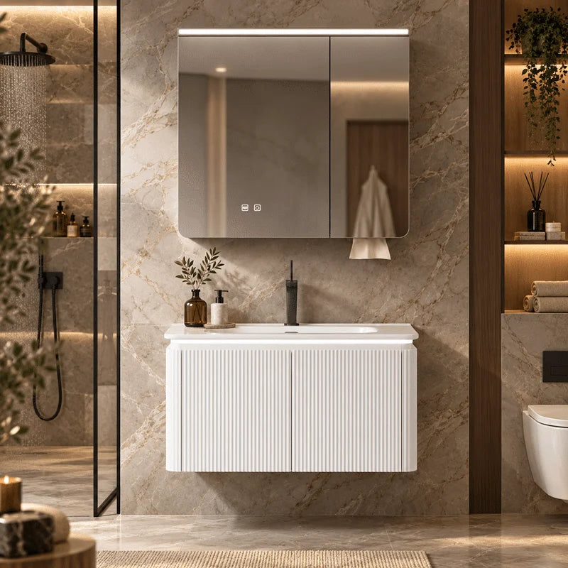 Set Mobilier Baie LED 80 cm cu Lavoar Ceramic și Dulap cu Oglindă LED, Alb
