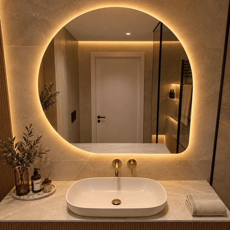 Oglinda LED Asimetrica 80×80 cm, Iluminare Spate, Dezaburire, 3 Tipuri de Lumina, Touch