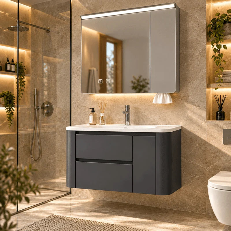 Set Mobilier Baie 80 cm cu Lavoar Ceramic si Dulap cu Oglinda LED, Gri Antracit Mat