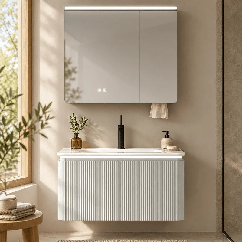 Set Mobilier Baie LED 80 cm cu Lavoar Ceramic si Dulap cu Oglinda LED, Gri Deschis
