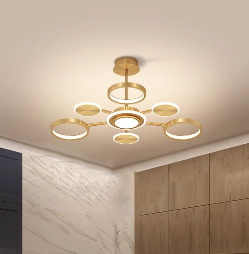 Lustra LED RFAN, Model R9149/3+3+1, Cu Telecomanda, 3 Tipuri De Lumina, Intensitate Reglabila, 92W, Auriu