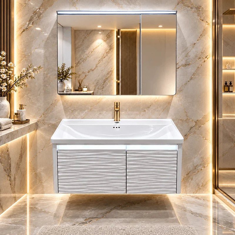 Set Mobilier Baie LED 80 cm cu Lavoar Ceramic și Dulap cu Oglindă LED, Alb