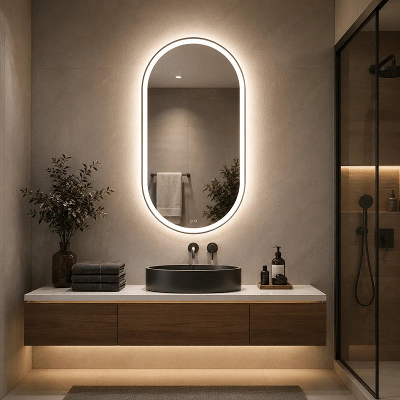 Oglindă LED Ovală 50×80 cm, Iluminare Față + Spate, Dezaburire, 3 Tipuri de Lumină, Touch