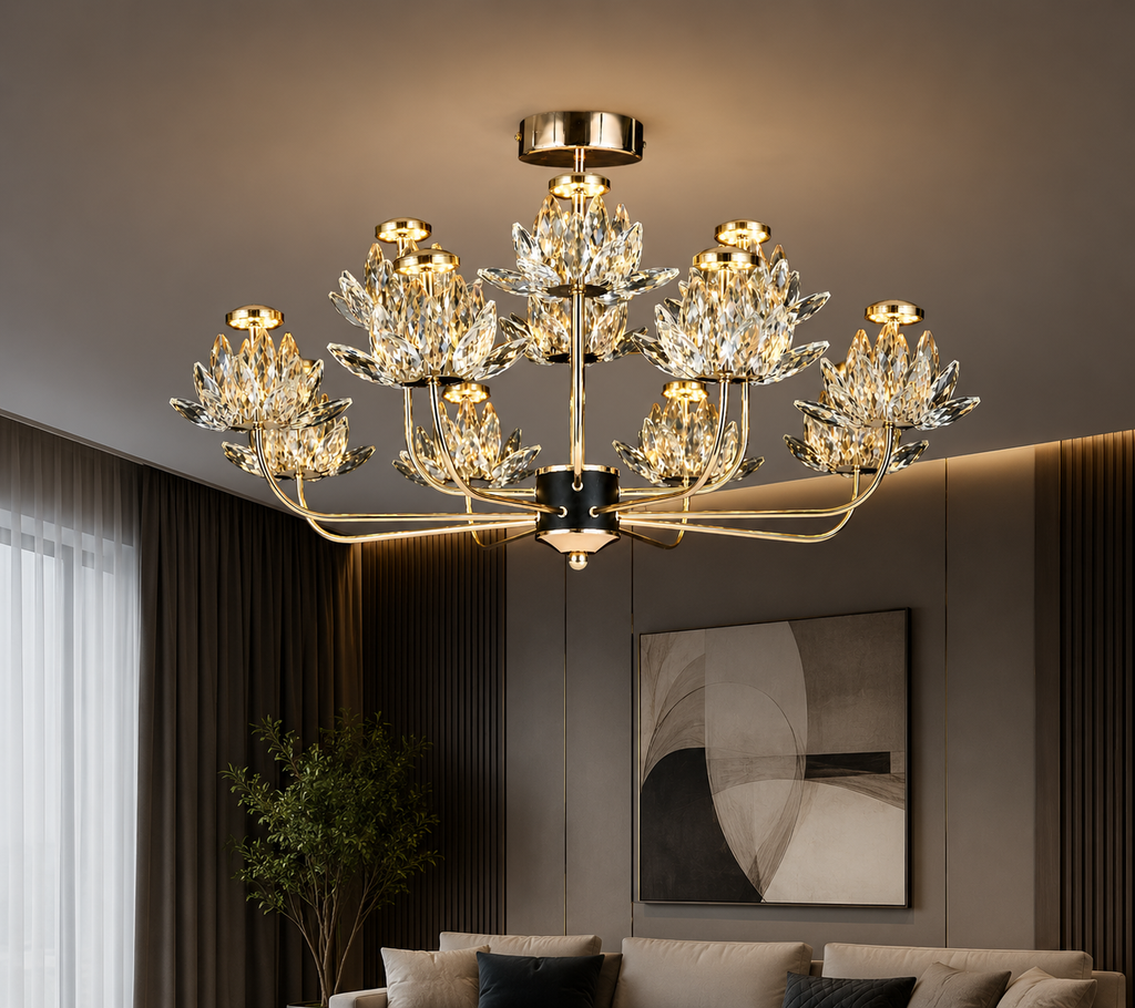 Candelabru LED RFAN, Model 3532-6+3, Textura Cristal, Metal, 36W, Auriu