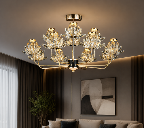 Candelabru LED RFAN, Model 3532-6+3, Textura Cristal, Metal, 36W, Auriu