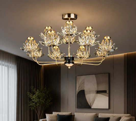 Candelabru LED RFAN, Model 3532-6+3, Textura Cristal, Metal, 36W, Auriu