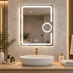 Oglindă LED 50×70 cm cu Lupă Cosmetică, Dezaburire, 3 Tipuri de Lumină, Touch