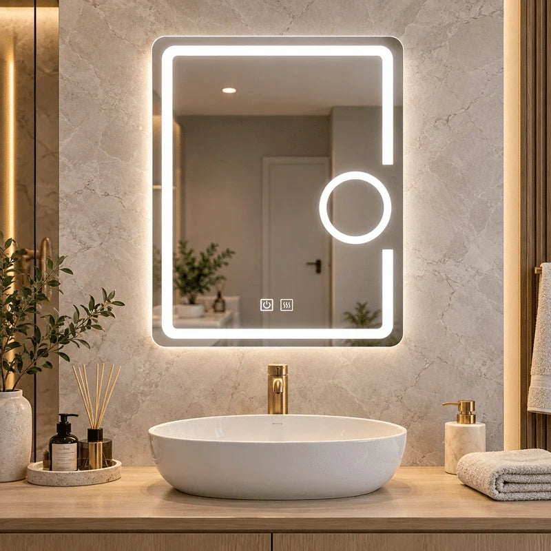 Oglindă LED 50×70 cm cu Lupă Cosmetică, Dezaburire, 3 Tipuri de Lumină, Touch