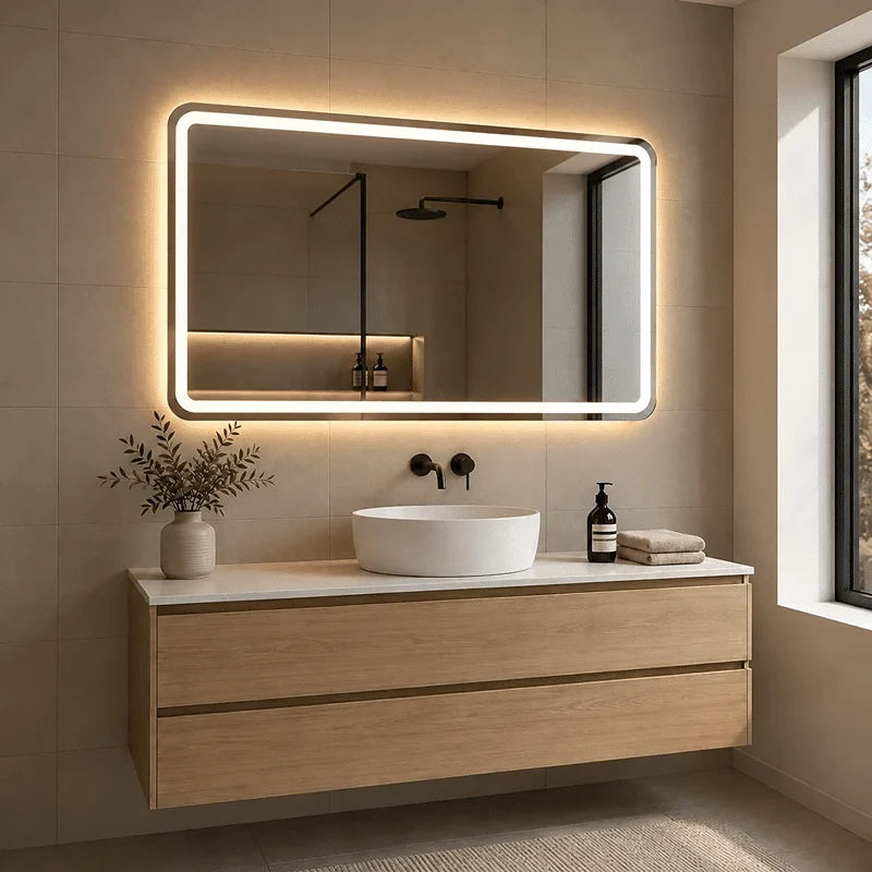 Oglindă LED Dreptunghiulară 130×80 cm, Iluminare Față + Spate, Dezaburire, 3 Tipuri de Lumină, Touch