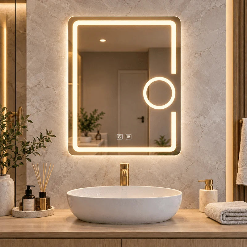 Oglindă LED 60×80 cm cu Lupă Cosmetică, Dezaburire, 3 Tipuri de Lumină, Touch
