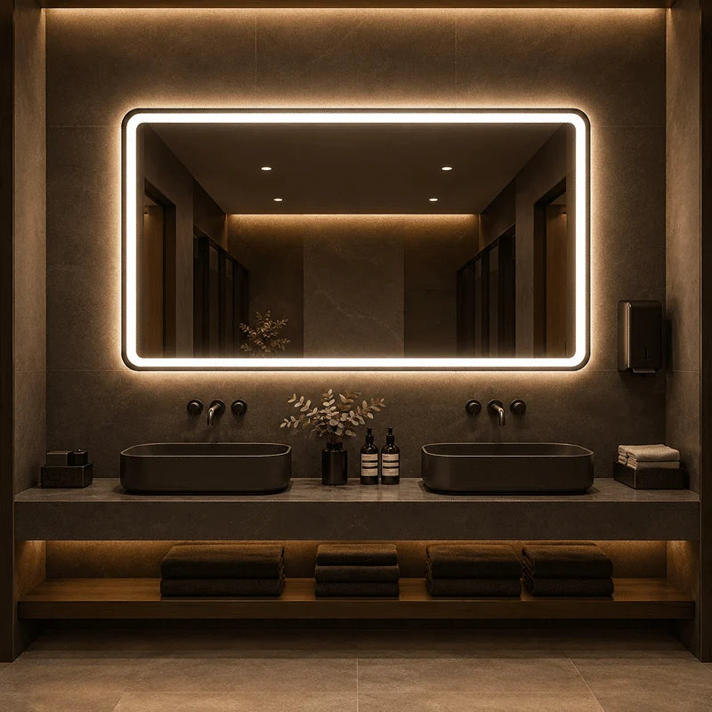 Oglinda LED Dreptunghiulara 120×80 cm, Iluminare Fata + Spate, Dezaburire, 3 Tipuri de Lumina, Touch