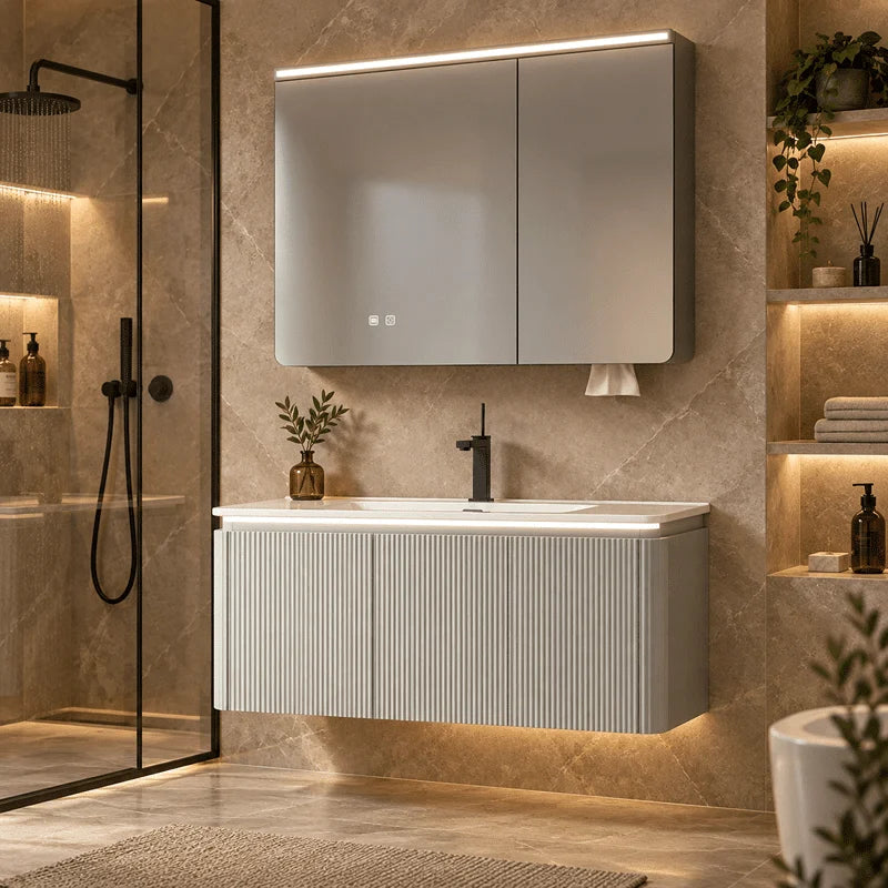 Set Mobilier Baie LED 100 cm cu Lavoar Ceramic și Dulap cu Oglindă LED, Gri Deschis