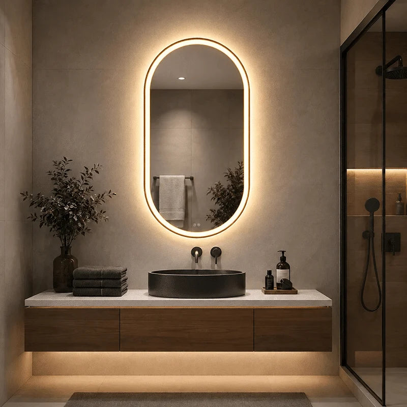 Oglinda LED Ovala 60×80 cm, Iluminare Fata + Spate, Dezaburire, 3 Tipuri de Lumina, Touch