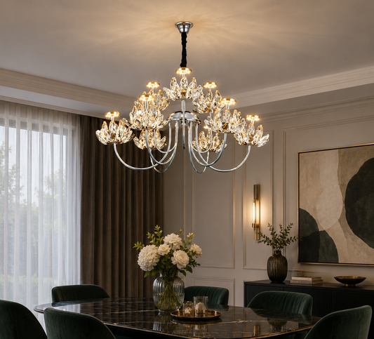 Candelabru LED RFAN, Model 3531-6+3, Textura Cristal, Metal, 36W, Argintiu