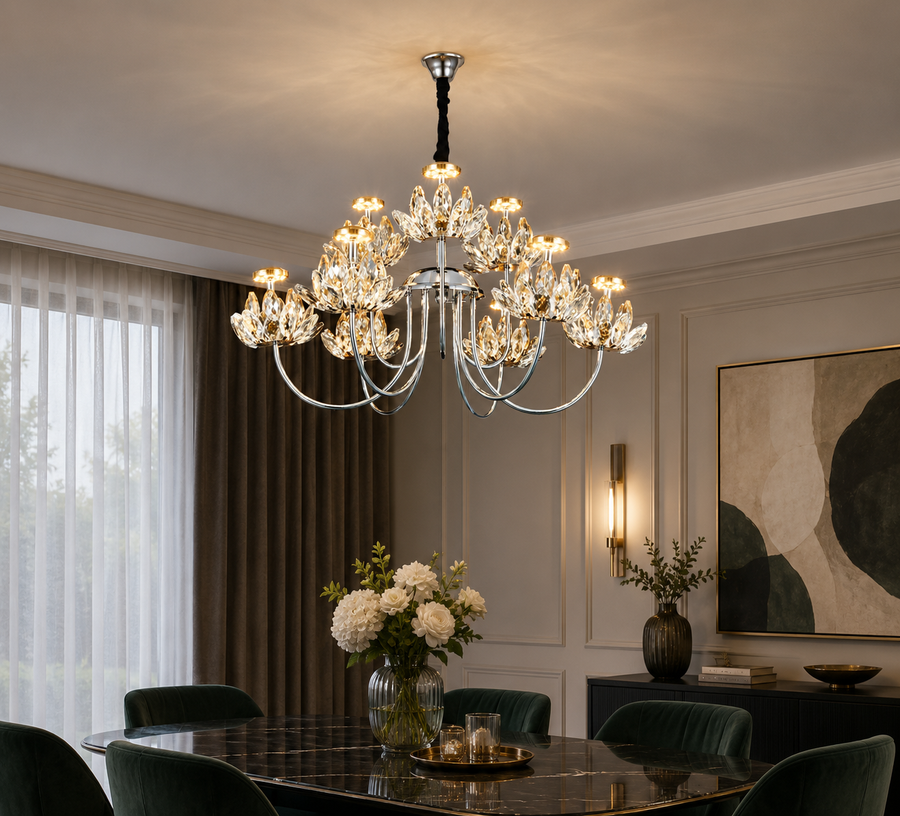 Candelabru LED RFAN, Model 3531-6+3, Textura Cristal, Metal, 36W, Argintiu