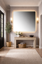 Oglinda LED Patrata Premium 80×80 cm, Rama Auriu, 3 Tipuri de Lumina – Calda, Rece, Neutra
