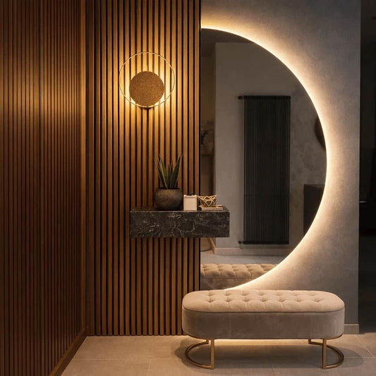 Oglinda LED Premium Model Half Moon 80×150 cm, Buton Touch, 3 Tipuri de Lumina, Calda, Neutra si Rece, Dimabila