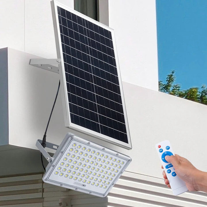 Proiector LED, cu Panou Solar si Telecomanda, Rezistent la Apa IP65, 300W, Gri