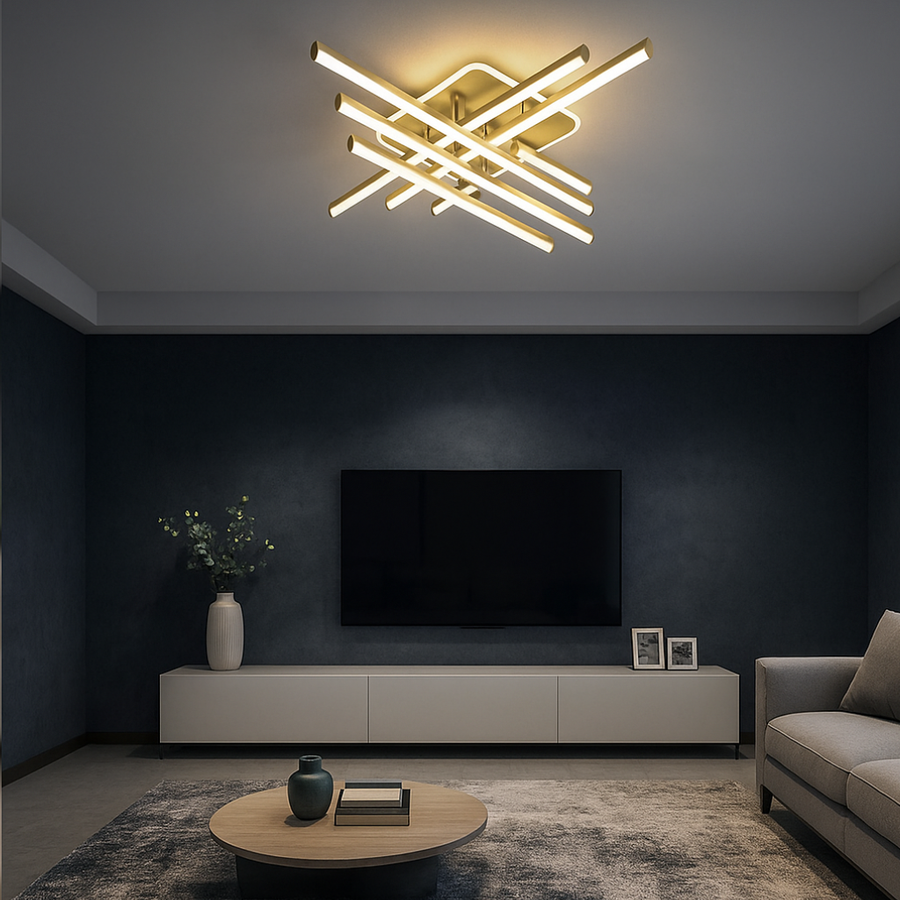 Lustra LED RFAN, Model FX60332-6L+1, cu Telecomanda, 3 Tipuri de Lumina, Intensitate Reglabila, 103W, Auriu
