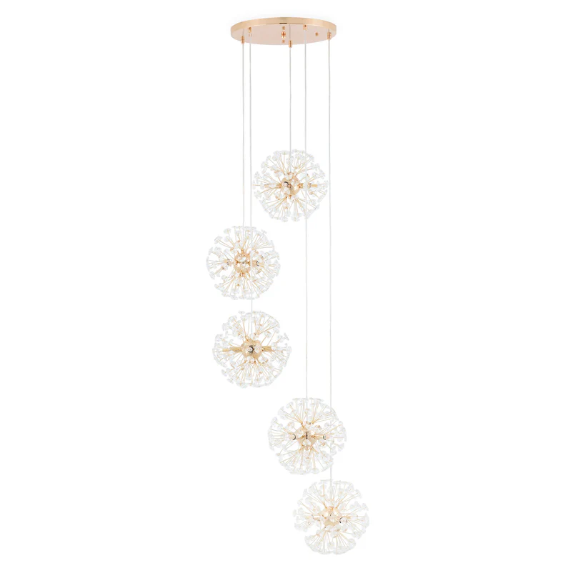 Lustra LED Tip Pendul RFAN, Model 21-5, Textura Cristal, Metal, 30 X G9, Auriu
