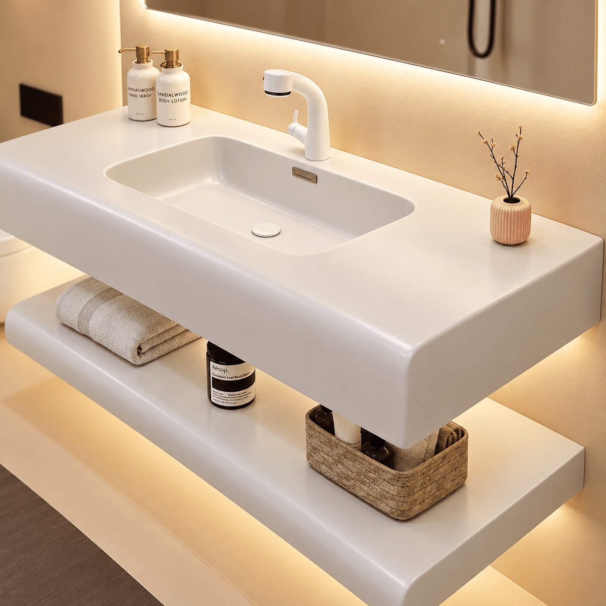 Set Mobilier Baie 80 cm din Rășină cu Lavoar și Oglindă LED 80×60 cm, Alb Mat
