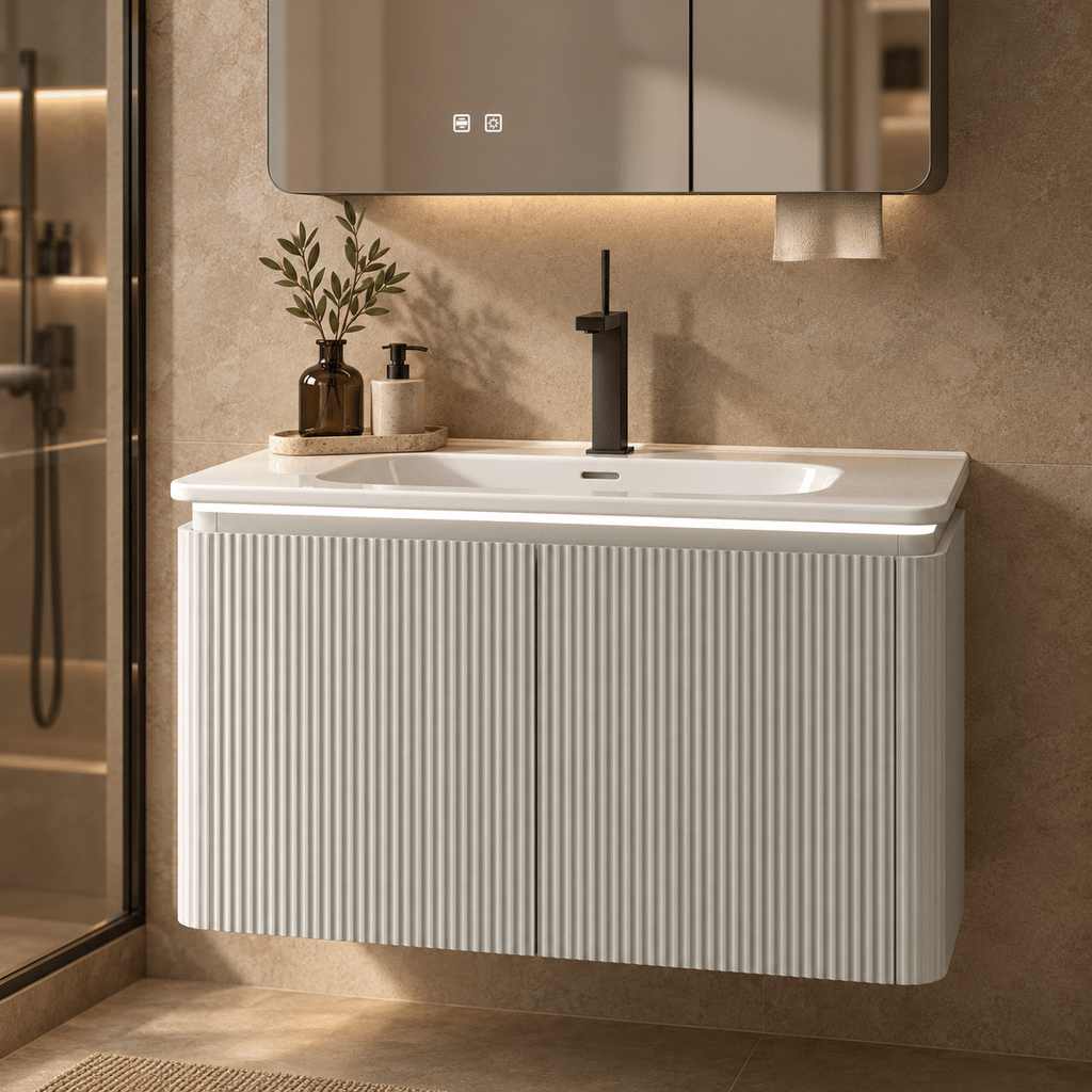 Set Mobilier Baie LED 80 cm cu Lavoar Ceramic și Dulap cu Oglindă LED, Gri Deschis