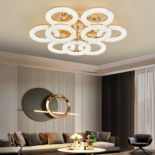 Lustra LED RFAN, Model J300/6+3, Cu Telecomanda, 3 Tipuri De Lumina, Intensitate Reglabila, 180W, Auriu