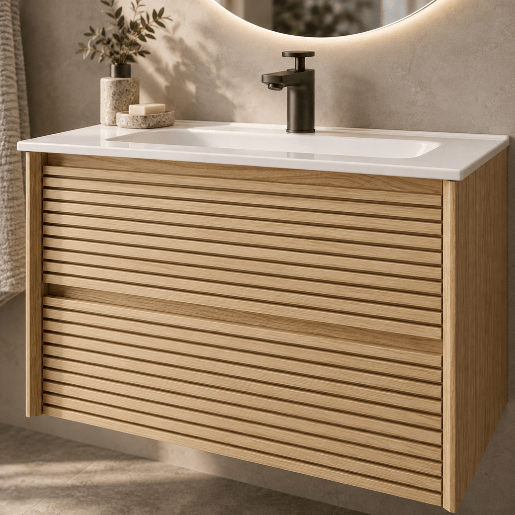 Set Mobilier Baie 80 cm cu Lavoar Ceramic și Oglindă LED 70×70 cm, Stejar Greige