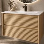Set Mobilier Baie 80 cm cu Lavoar Ceramic și Oglindă LED 70×70 cm, Stejar Greige