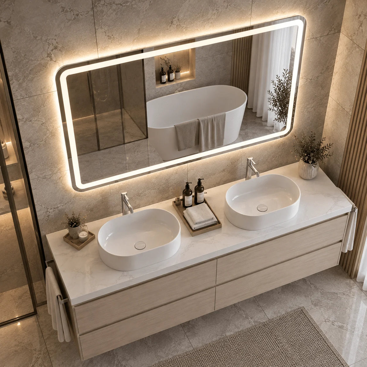 Oglindă LED Dreptunghiulară 110×80 cm, Iluminare Față + Spate, Dezaburire, 3 Tipuri de Lumină, Touch