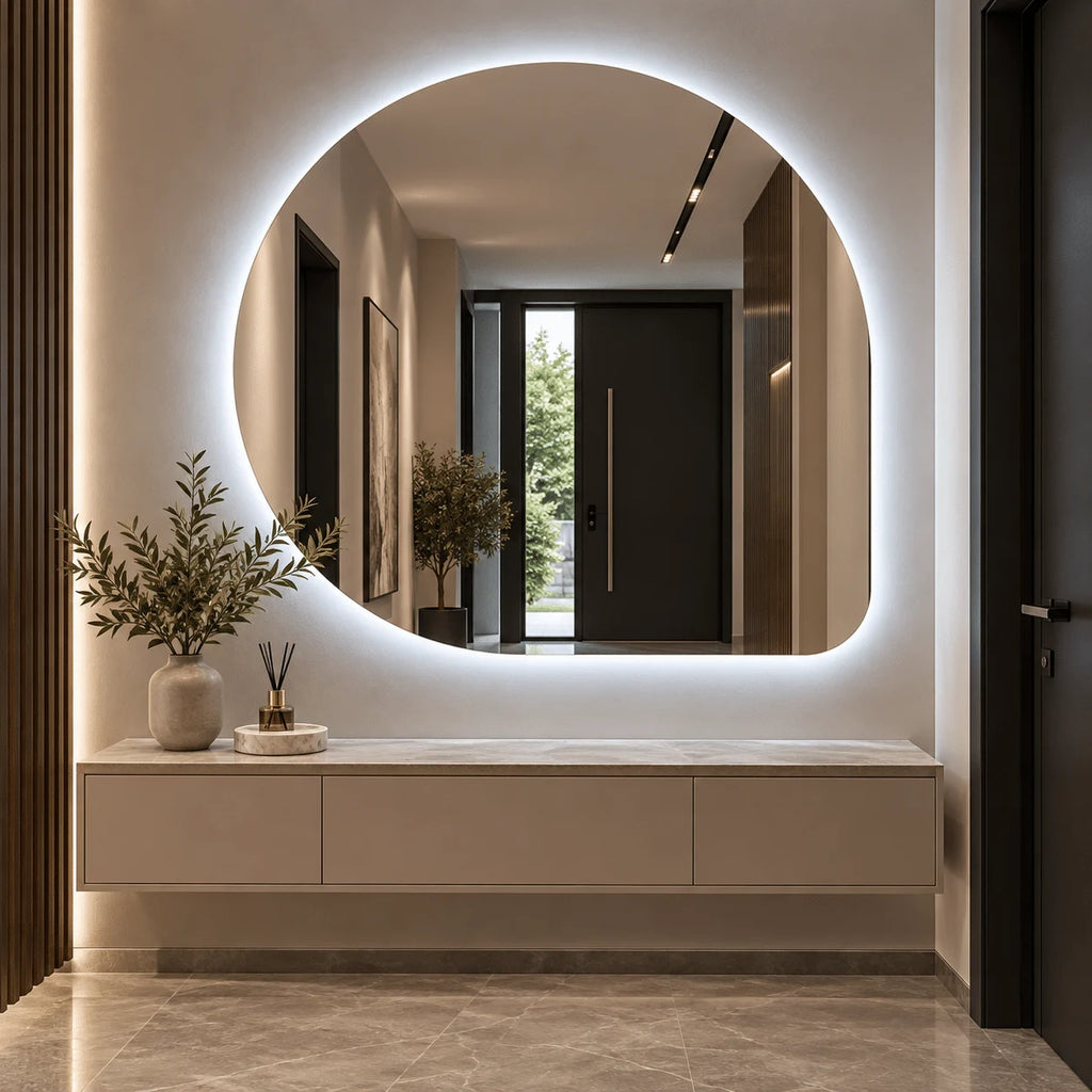 Oglindă LED Asimetrică 80×80 cm, Iluminare Spate, Dezaburire, 3 Tipuri de Lumină, Touch