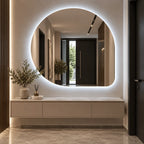 Oglindă LED Asimetrică 80×80 cm, Iluminare Spate, Dezaburire, 3 Tipuri de Lumină, Touch