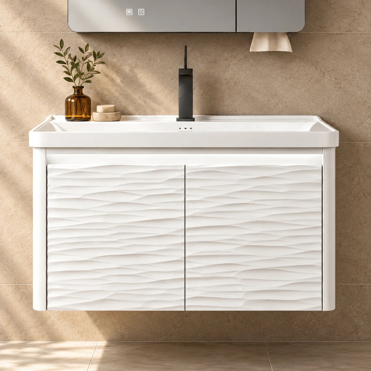 Set Mobilier Baie LED 80 cm cu Lavoar Ceramic și Dulap cu Oglindă LED, Alb
