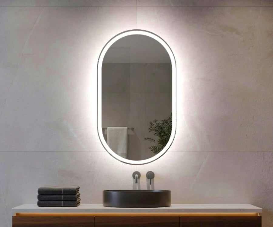 Oglindă LED Ovală 50×80 cm, Iluminare Față + Spate, Dezaburire, 3 Tipuri de Lumină, Touch