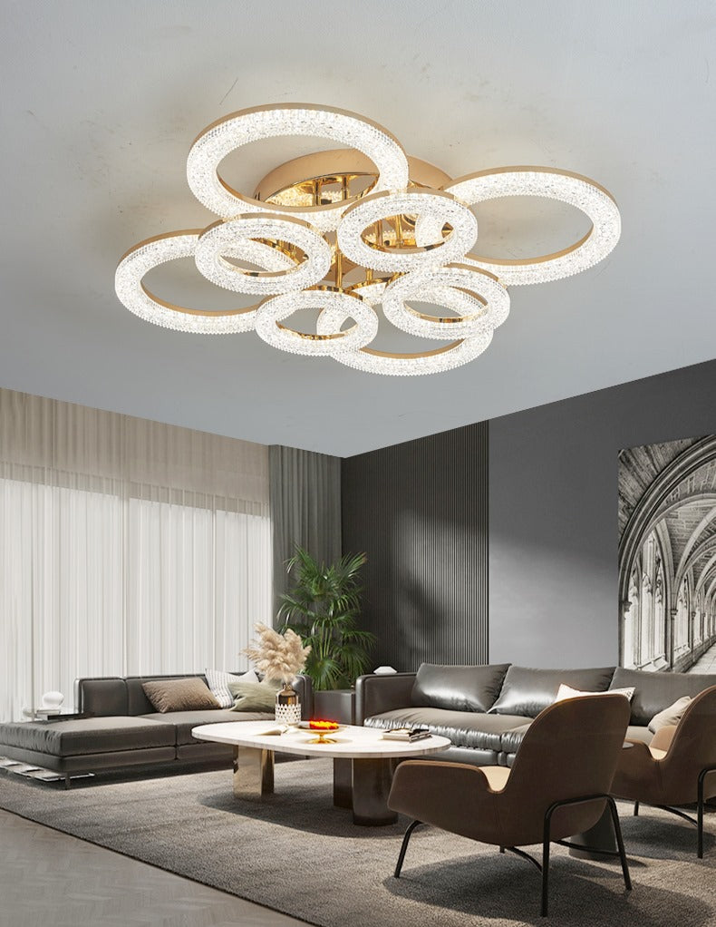Lustra LED RFAN, Model J300/4+4, Cu Telecomanda, 3 Tipuri De Lumina, Intensitate Reglabila, 200W, Auriu