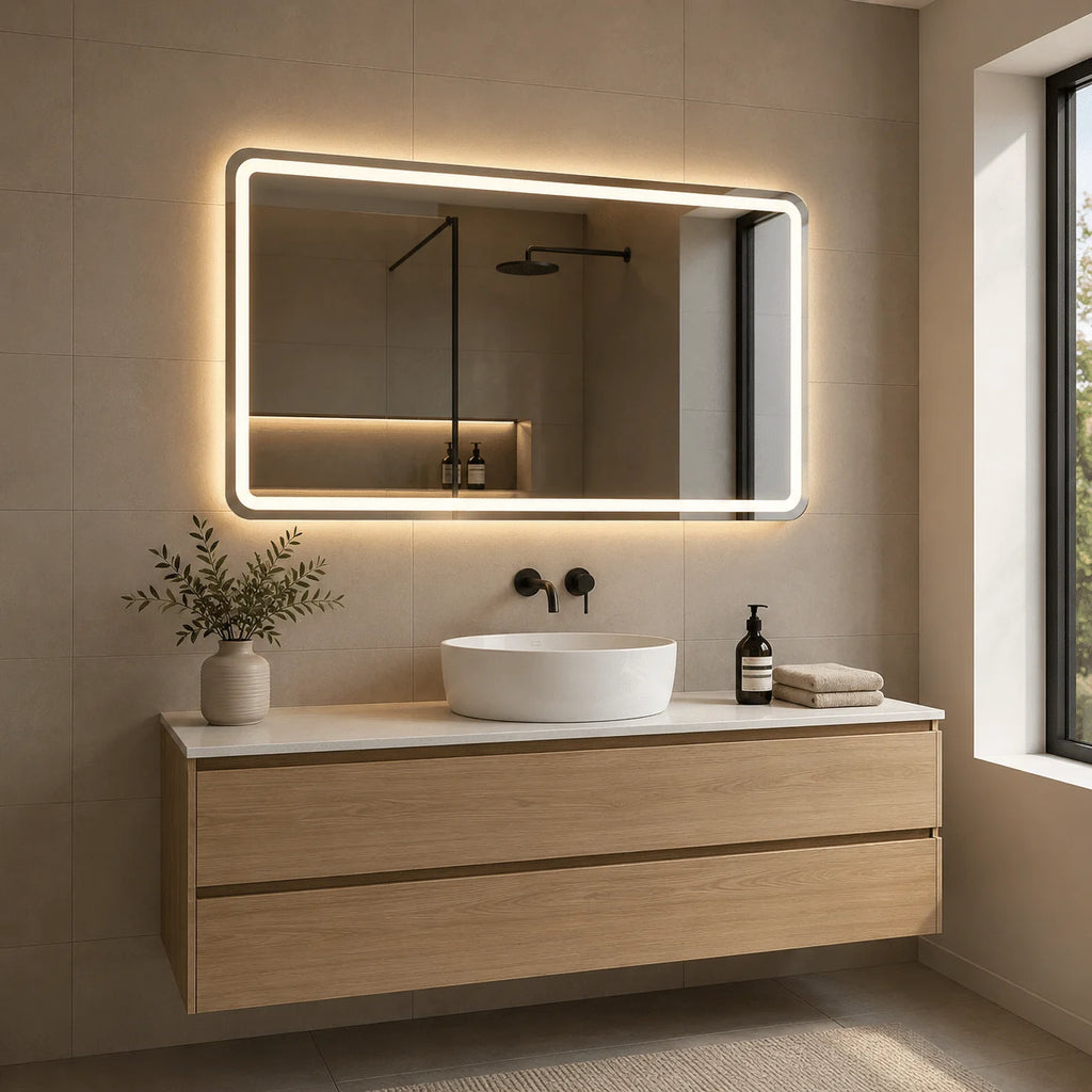 Oglindă LED Dreptunghiulară 100×80 cm, Iluminare Față + Spate, Dezaburire, 3 Tipuri de Lumină