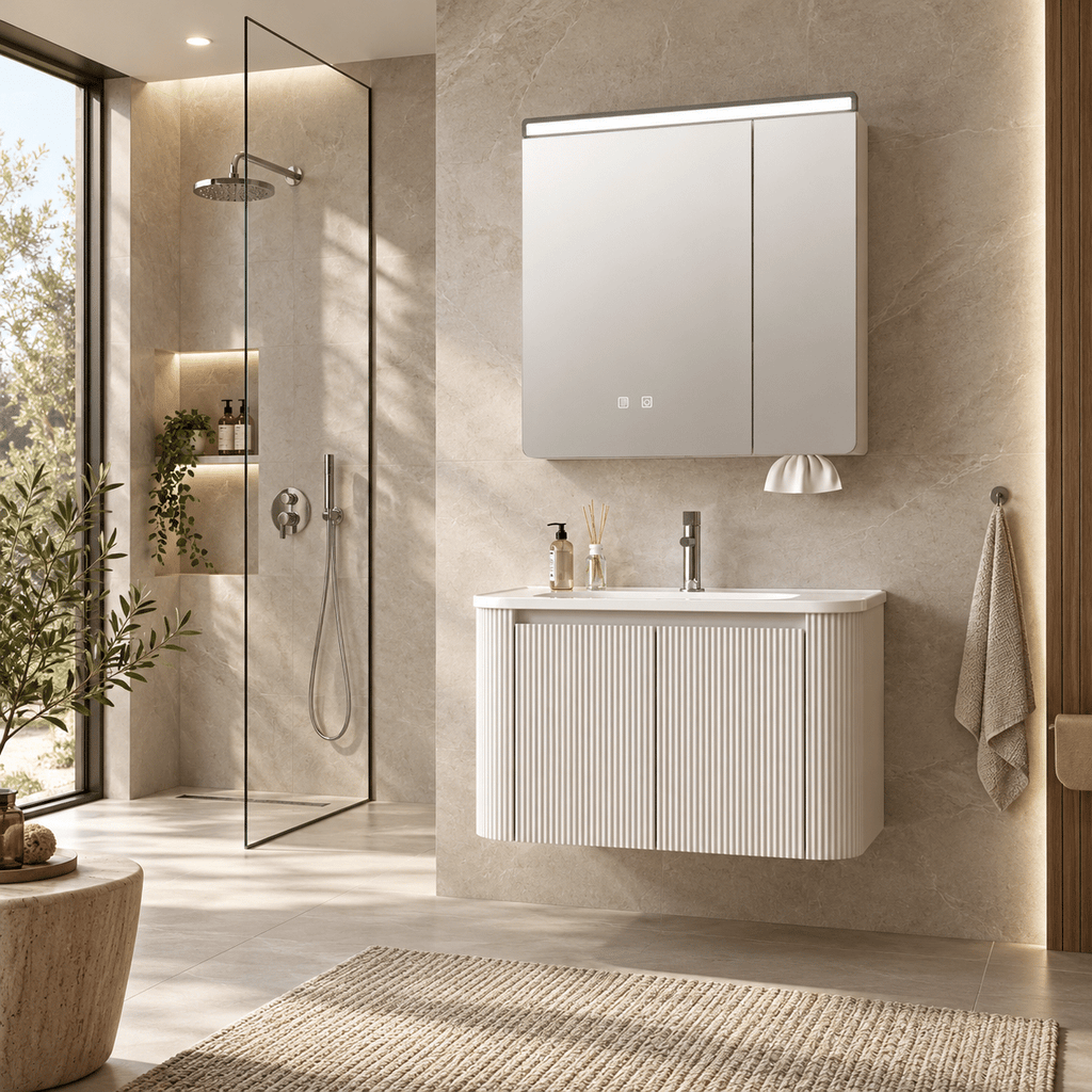 Set Mobilier Baie 80 cm cu Lavoar Ceramic și Dulap cu Oglindă LED, Bej